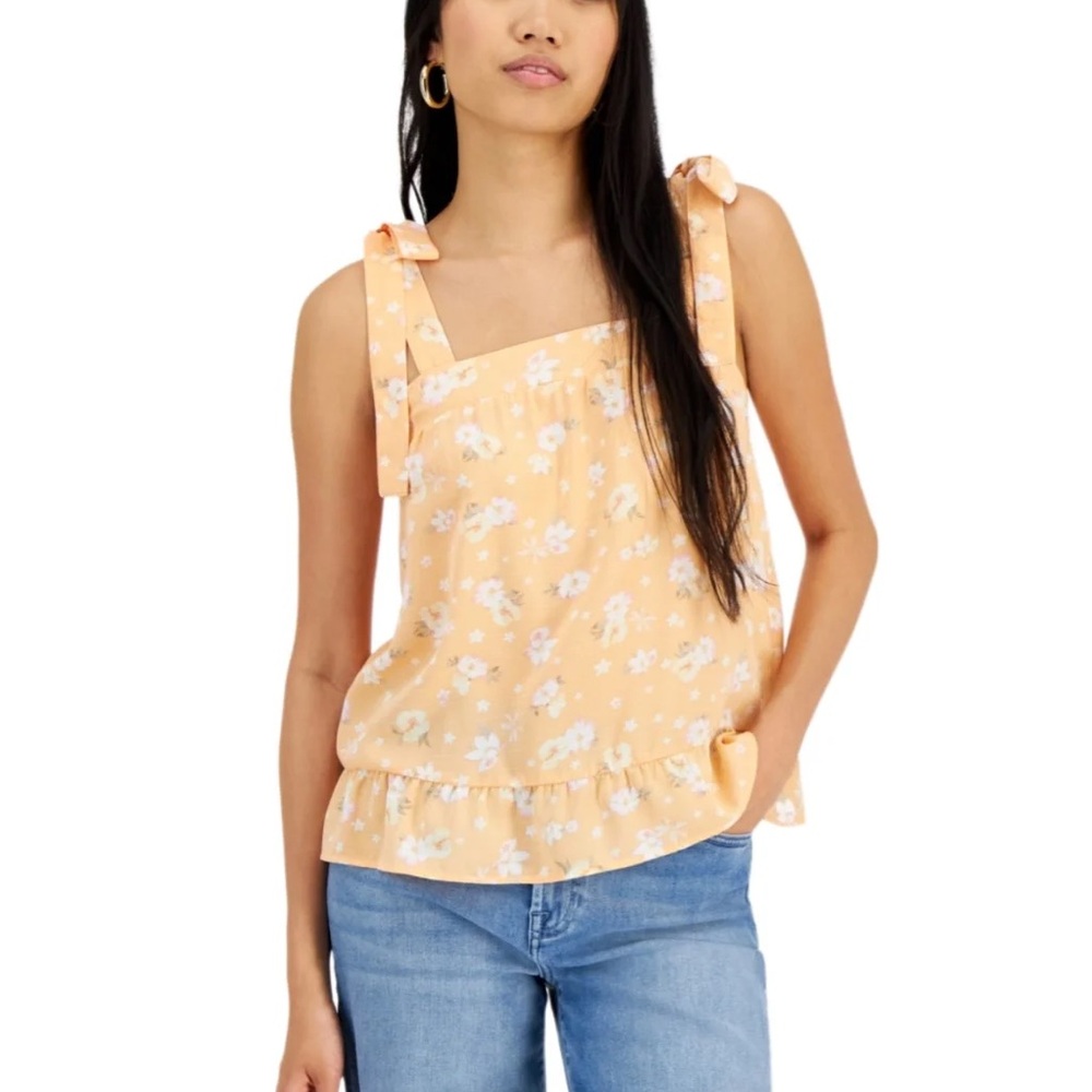Hippie Rose Orange Tie Strap Tank Top Square Neck Smocked Coral Sz Large floral